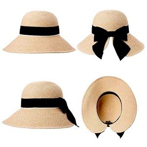 NWOT Floppy Straw Sunhat by Siggi | Beige w/ black bow | size L | UPF 50+